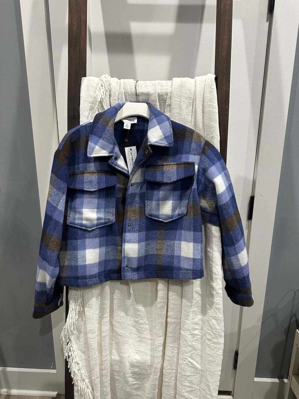 For The Republic Plaid Cropped Jacket Size M Blue White Brown